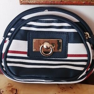 Striped Navy and White Cosmetic Bag with Gold Turn-Lock